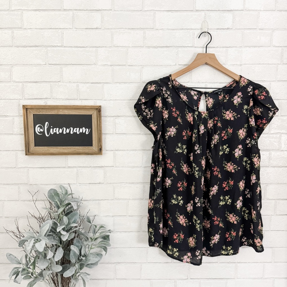 PAPERMOON Black Flowered Top with Petal Short Sleeves